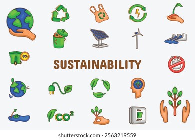 Sustainability Lineal Color Vector Illustration Icon Sticker Set Design Materials