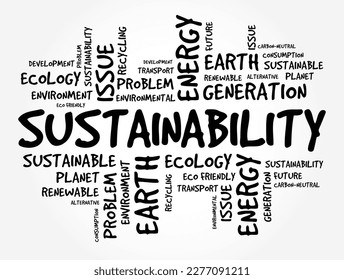 Sustainability - meeting our own needs without compromising the ability of future generations, word cloud concept background