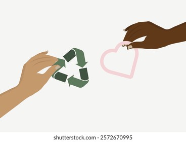 Sustainability Meets Love. Hand holding Eco Symbols and other hand holding heart. Environmental love and sustainable relationships concept. Flat style. Valentines day. Ecology. Vector illustration