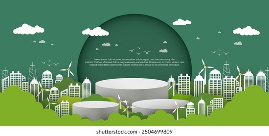 Sustainability of nature, ecology, organic, environment vector illustration. Concept green energy, Eco-friendly building, sustainable industry, windmills and solar energy. Green background.