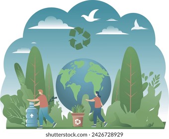  Nachhaltigkeit, Natur, Umwelt, selektive Sammlung, Recycling, Vögel, Menschen, Müll,