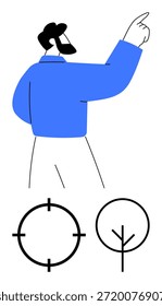 Sostenibilidad, navegación, objetivos, toma de decisiones, conciencia ambiental, minimalismo. Hombre gesticulando hacia arriba con el objetivo del círculo y el icono del árbol. Sostenibilidad y navegación