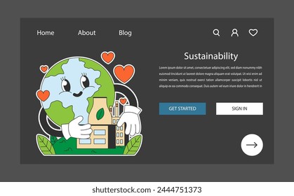 Sustainability night or dark mode web banner or landing page. Earth cartoon character hugs a green factory. Carbon neutral production. Circular economy. Flat vector illustration.