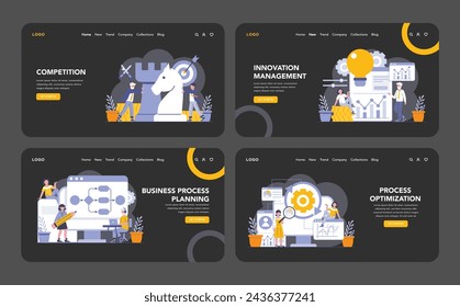 Sustainability and operational processes night or dark mode web or landing page set. Features intellectual property protection, global business expansion, strategic supply chain management.