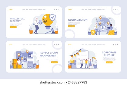 Sustainability and operational processes web or landing page set. Showcasing intellectual property rights, global market expansion, supply chain mastery, and fostering corporate culture.