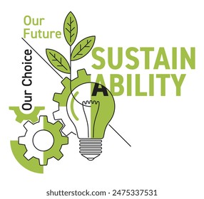 Sustainability - Our Future, Our Choice - slogan for economic, environmental, and social sustainable development. Physic and natural resources for the long term. in thin line and green color