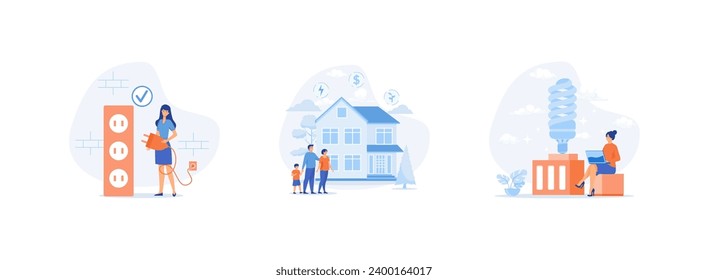 Sustainability, people reduce energy consumption at home, unplug appliances and use energy saving light bulb. Energy consumption set flat vector modern illustration