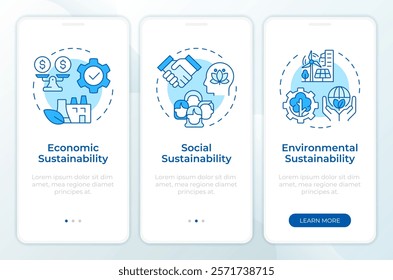 Sustainability pillars blue onboarding mobile app screen. Walkthrough 3 steps editable graphic instructions with linear concepts. UI, UX, GUI template