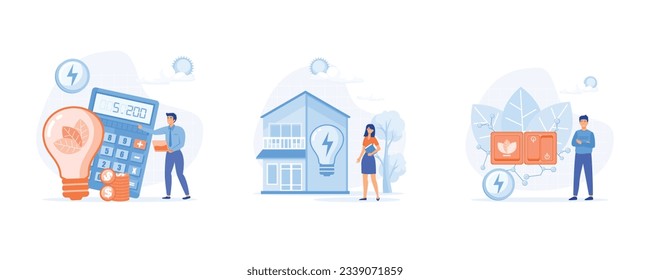Sustainability, Power save concept. Energy consumption in household. Characters using energy efficient devices, set flat vector modern illustration 