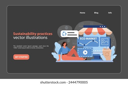 Sustainability Practices Concept. Promoting eco-friendly retail through digital platforms. Sustainable shopping experience in modern retail technology. Flat vector illustration.