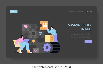 Sustainability in R D concept. Illustration of professionals engaging in research with sustainable innovation. Integrating teamwork, technology, and eco-friendly solutions. Vector illustration.