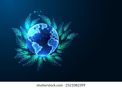 Sustainability, reforestation, climate change awareness concept with green leaves on Earth on dark blue background. Glowing low polygonal style. Modern abstract connection design vector illustration