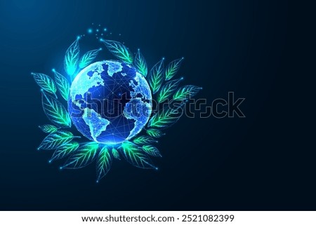 Sustainability, reforestation, climate change awareness concept with green leaves on Earth on dark blue background. Glowing low polygonal style. Modern abstract connection design vector illustration