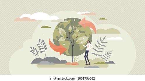 Sustainability in renewable resources as eco tree forestation tiny person concept. Recycling and reusing organic clean wood materials for natural plastic free climate environment vector illustration.