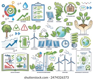 Sustainability reporting and business ESG policy outline collection set. Labeled elements with nature friendly, environmental and green electricity solutions for economy growth vector illustration.