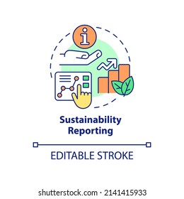 Sustainability reporting concept icon. Eco farming. Current agricultural trends abstract idea thin line illustration. Isolated outline drawing. Editable stroke. Arial, Myriad Pro-Bold fonts used