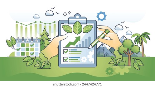 Sustainability reporting and ecological statistics outline hands concept. Corporate ESG analysis with climate impact calculation vector illustration. Nature friendly green practices measurement.