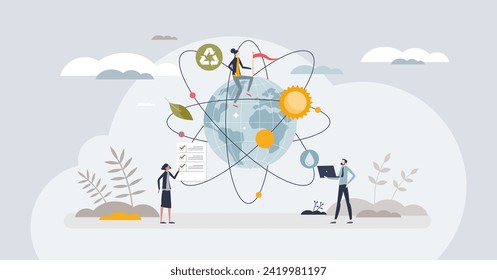 Sustainability reporting and environmental impact results tiny person concept. Ecological footprint and nature resource consumption calculation with statistic future data forecast vector illustration