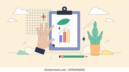 Informes de sostenibilidad y análisis ASG concepto de neutralismo de personas pequeñas. Informe de negocio con Ilustración vectorial de factores ambientales y ecológicos. Publicación sobre el crecimiento de las inversiones sostenibles.