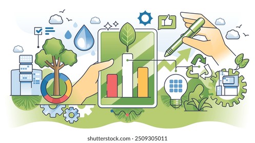 Sustainability reporting and green business initiatives outline hands concept. Environmental corporate analysis with nature friendly projects management and annual trend reports vector illustration.