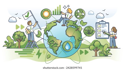 Sustainability reporting and green climate goal measurement outline concept. Environmental publication about sustainable energy production, recycling initiatives and forestation vector illustration.