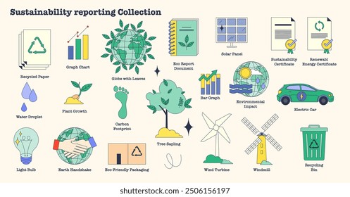 Nachhaltigkeitsberichte zur Verringerung der CO2-Neubrutalismus-Sammlung von Kleinstpersonen. Markierte ökologische und ökologische Elemente, Vektorgrafik. Sensibilisierung für den Klimawandel und grüne Unternehmensführung.