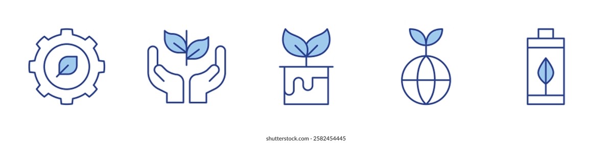 sustainability, sapling, eco battery, gear, dye. Ecology Icon vector illustration. Line Duotone style. Editable stroke.
