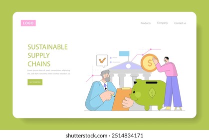 Sustainability set. Eco-friendly supply chain process integration. Green investment, ethical business practice. Vector illustration.