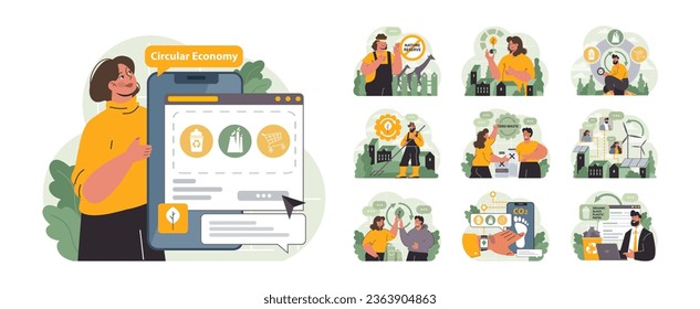 Sustainability set. Environmental protection, climate and nature preservation. Social responsibility, conscious consumption and carbon footprint reduction. Circular economy. Flat vector illustration