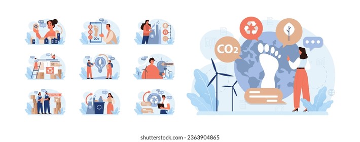 Sustainability set. Environmental protection, climate and nature preservation. Social responsibility, conscious consumption and carbon footprint reduction. Circular economy. Flat vector illustration