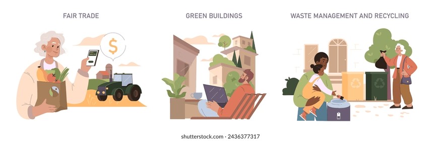 Sustainability set. Ethical purchasing in fair trade. Energy efficiency in green buildings. Proactive waste management and recycling. Promoting sustainable living practices.