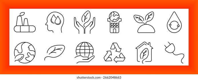 Sustainability set icon. Leaf, globe, droplet, electric plug, recycle, factory, house, hand, and water visuals in linear form representing eco themes and environmental awareness.