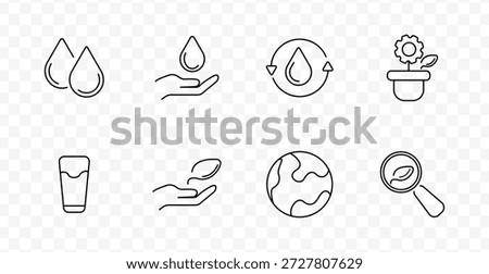 Sustainability set icon. Water drops, hand with droplet, recycle arrow with drop, potted plant with gear, glass of water, leaf in hand, earth, magnifier with leaf, all outlined.
