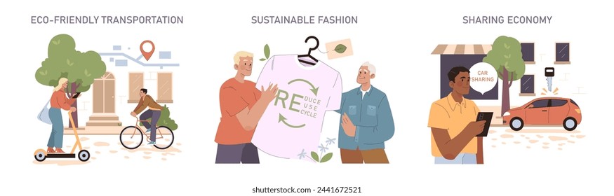 Sustainability set. Modes of eco-friendly transportation. Ethical choices in fashion. The dynamics of sharing economy. Urban green living practices.