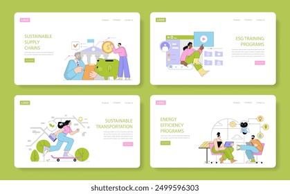 Sustainability set. Strategies for eco-friendly supply chains and energy efficiency. Training for ESG, sustainable transit methods. Vector illustration.