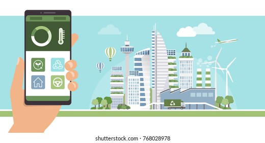 Sustainability, smart home and smart city management app on a mobile phone and conteporary green metropolis on the background