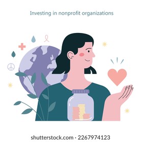 Sustainability and social responsibility. Investitions in non-governmental, nonprofit organizations. Humanitarian aid, charity donation, international support and solidarity. Flat vector illustration