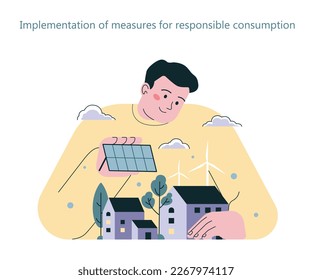 Sustainability and social responsibility. Responsible energy consumption featuring wind turbines and solar panels. Implementation of clean power technologies. Flat vector illustration