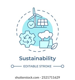 Duurzaamheid zacht blauw concept icoon. Pijlers van de industrie 5.0. Milieuverantwoordelijkheid. Schone energie. Ronde vorm lijn illustratie. Abstract idee. Grafisch ontwerp. Makkelijk te gebruiken in artikel