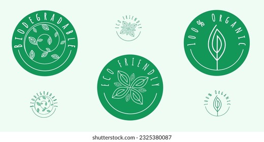 Sustainability sticker, signs. Organic, eco friendly, biodegradable. Planet health, earth. Sustainable green stickers, labels.