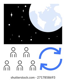Sostenibilidad, trabajo en equipo, unidad global, economía circular, conciencia ecológica, conservación ambiental. Tierra desde el espacio, grupo de personas y flechas de reciclaje. Sostenibilidad y trabajo en equipo