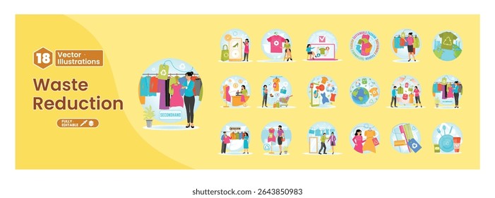 Tema de sostenibilidad. Un grupo de ilustraciones que representan la reducción de residuos, el reciclaje y las prácticas respetuosas con el medio ambiente. Mega set.