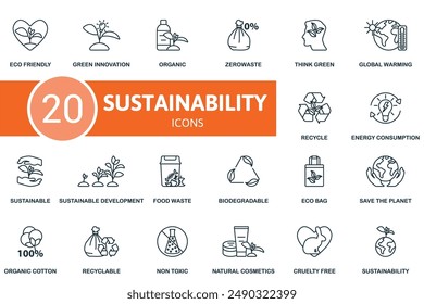 Sustainability thin line icon set. Eco Friendly, Green Innovation, Organic, Zerowaste, Think Green, Global Warming, Recycle, Energy Consumption, Sustainable, Sustainable Development icons and more