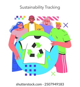 Nachhaltigkeits-Tracking. Verschiedene Gruppen von Menschen zeigen umweltfreundliche Mode um ein recycelbares Symbol auf der Erde. Vektorgrafik.