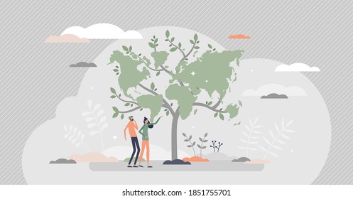 Sustainability tree as ecological green world map tiny person concept. Worldwide responsible resource consumption to save planet earth vector illustration. Forestation solution to stop climate change