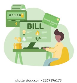 Sustainability vector in flat style. Energy efficiency in household and industry. Person checks heating meter and pays household utility bill on website. Home energy efficiency audit concept.