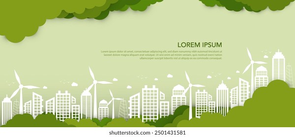 Ilustración vectorial de sostenibilidad. Concepto de energía verde, construcción ecológica, industria sostenible, molinos de viento y energía solar. Fondo verde.