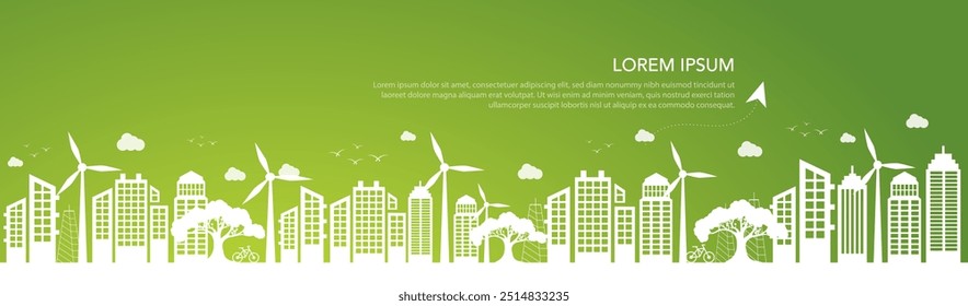 Sustainability vector illustration. Concept green energy, Eco-friendly building, sustainable industry, windmills and solar energy. Green background.