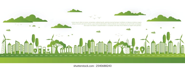 Ilustración vectorial de la sostenibilidad, concepto de energía verde, edificio ecológico, industria sostenible, coches eléctricos, turbina eólica y energía solar, fondo verde