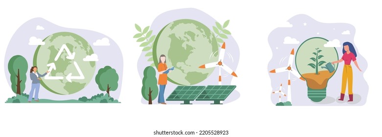 Conjunto de ilustraciones vectoriales de sostenibilidad. industria sostenible con molinos de viento y paneles de energía solar. energía verde, ESG. Reducir, reutilizar, reciclar y el concepto de basura cero.